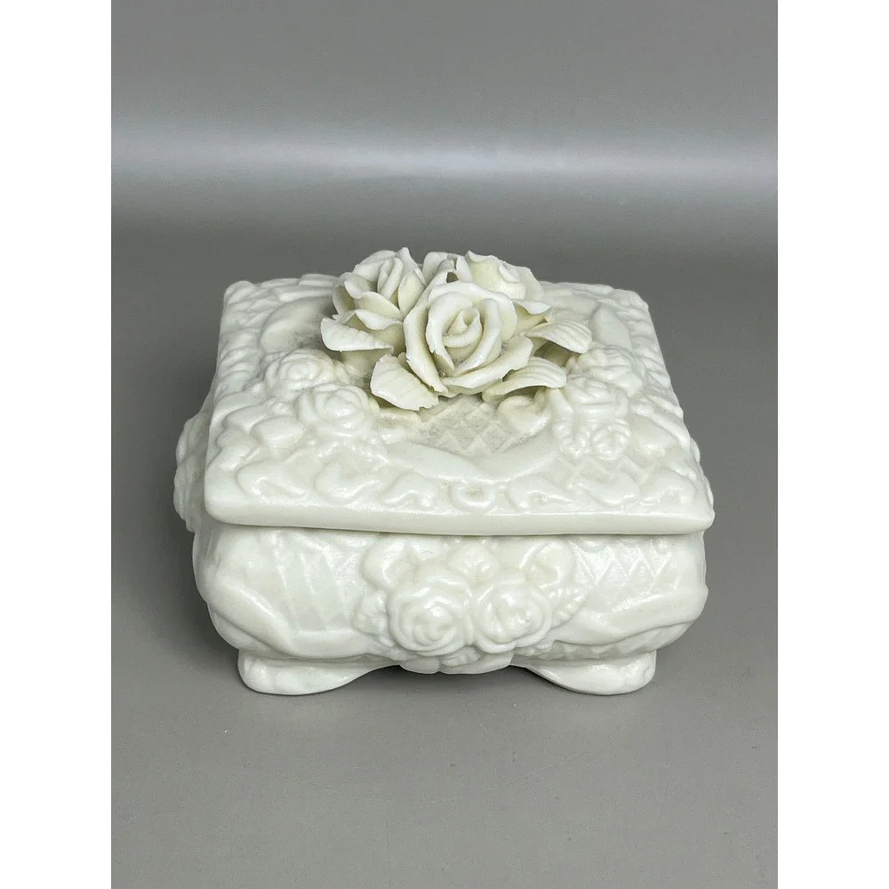 White Porcelain Bisque Jewelry Trinket Dish Roses Victorian 3